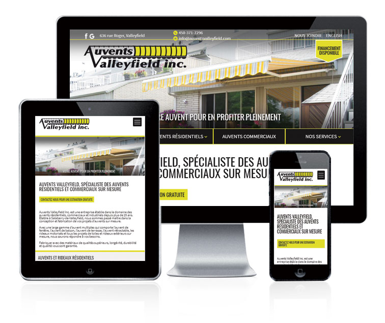 Design et conception du site web Auvents Valleyfield