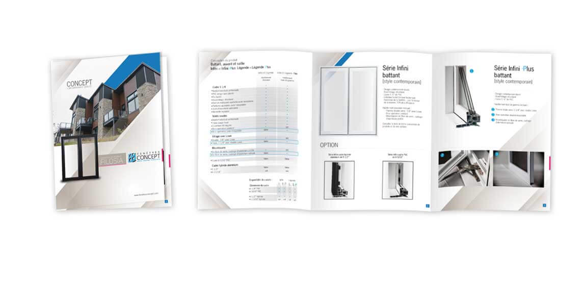 Design et infographie de la brochure imprimée de Fenêtre Concept